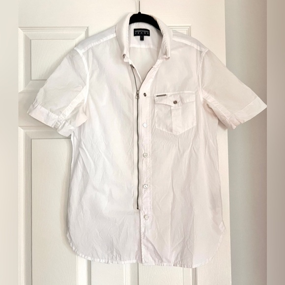 Emporio Armani Jeans White Button Down zip up Shirt cotton Short sleeve men's S - Picture 1 of 11